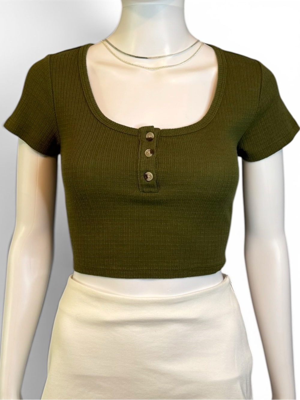 Forever 21 Olive Ribbed Scoop Neck Henley Crop Top